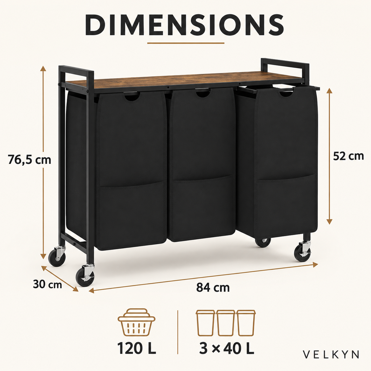 Panier à linge 120 L – dimensions 84 × 30 × 76,5 cm