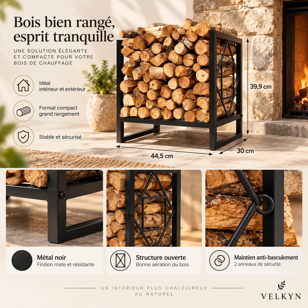 Détails du porte-bûches VELKYN en métal noir