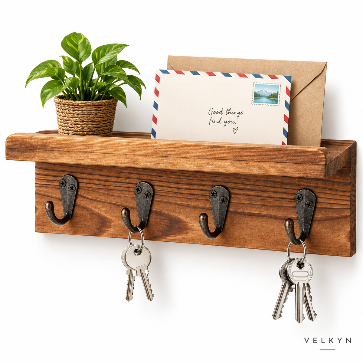 Porte-clés mural avec rangement courrier – Bois