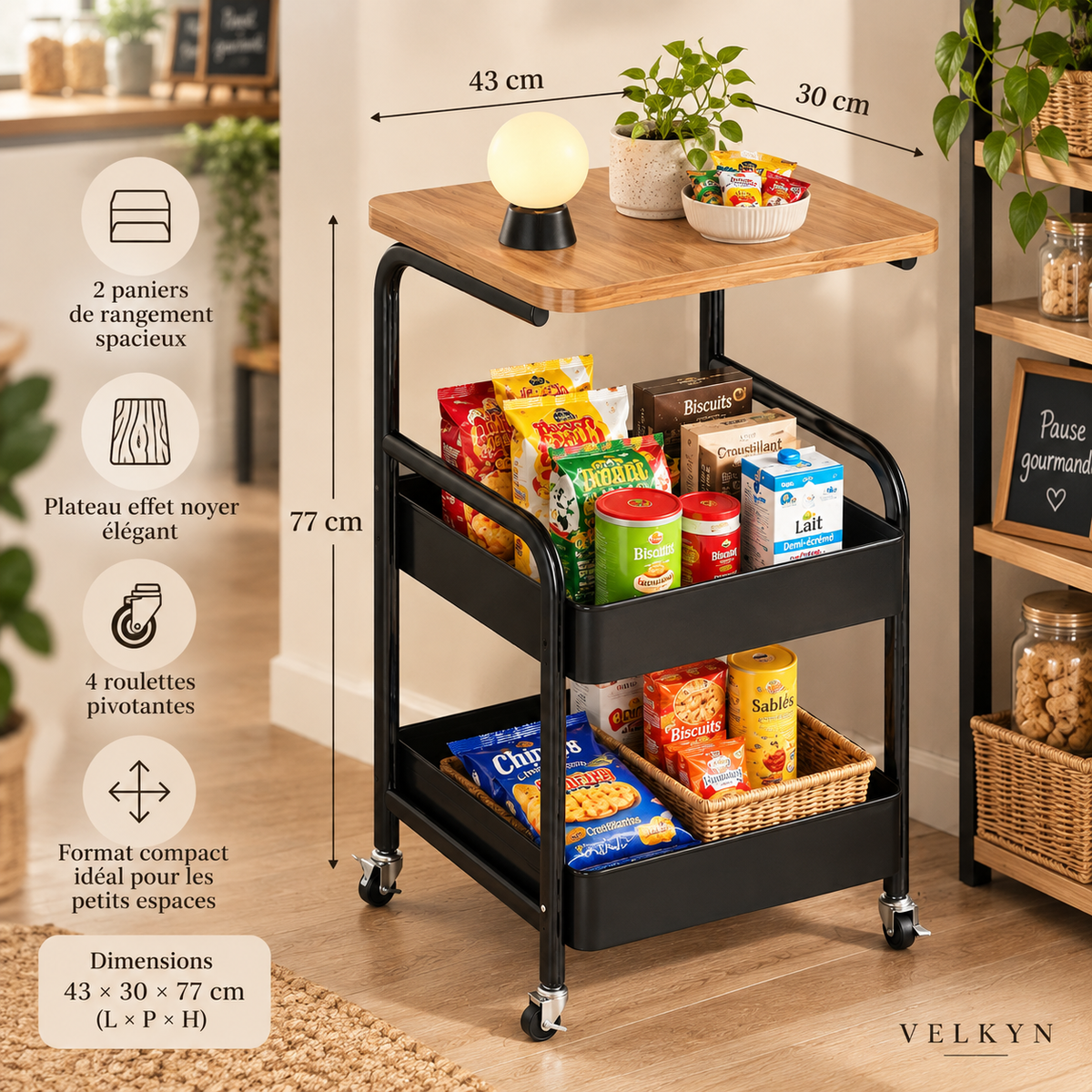 Présentoir mobile VELKYN dans un espace organisé