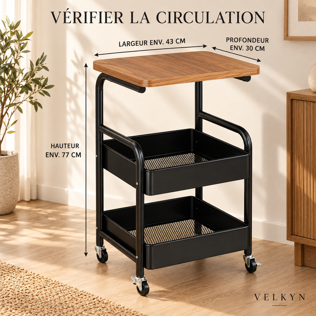 Dimensions du présentoir mobile VELKYN : 43 × 30 × 77 cm