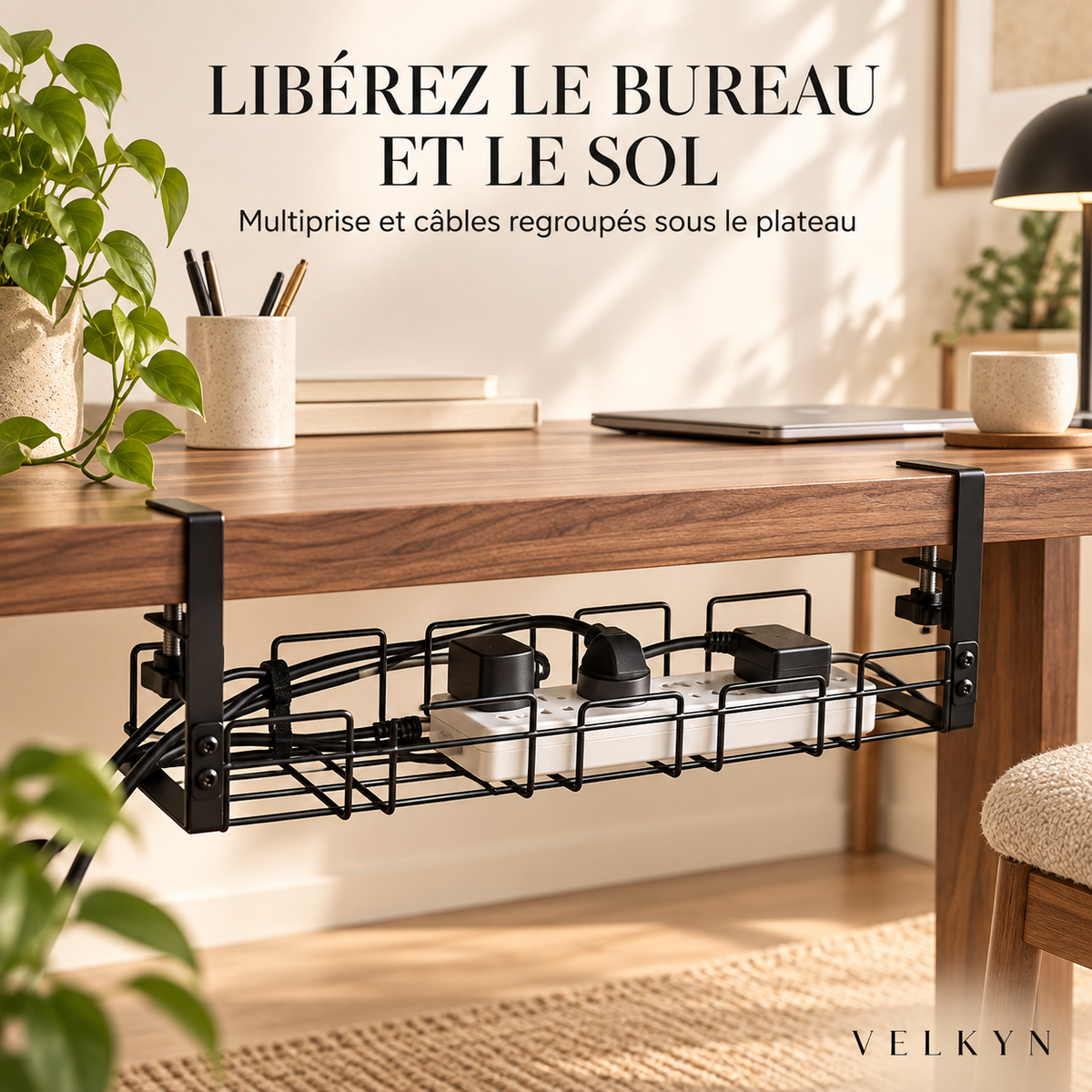 Range-câbles sous bureau Velkyn – multiprise et câbles regroupés