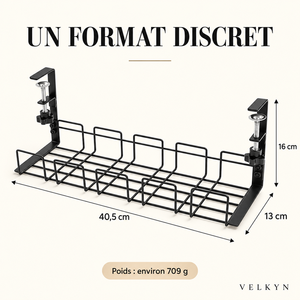 Range-câbles sous bureau Velkyn – dimensions 40,5 × 13 × 16 cm