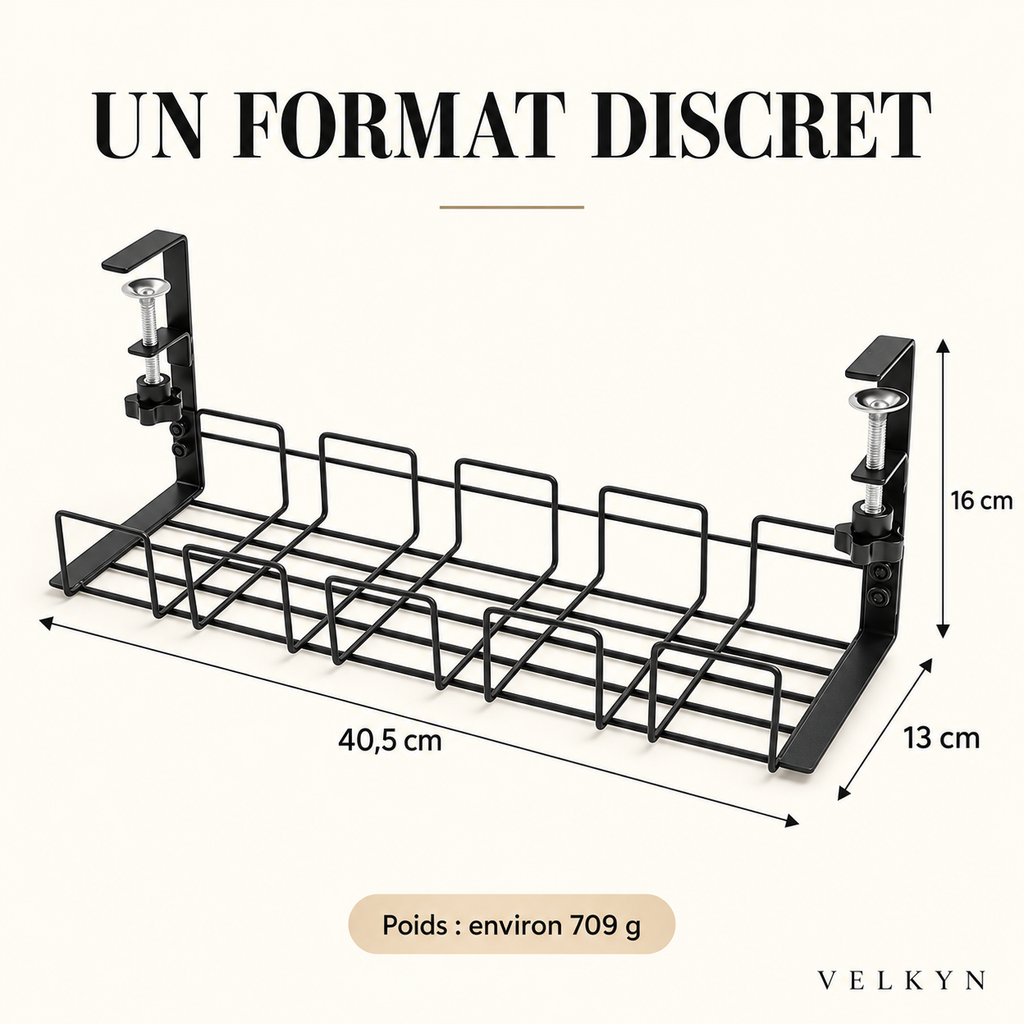 Range-câbles sous bureau Velkyn – dimensions 40,5 × 13 × 16 cm