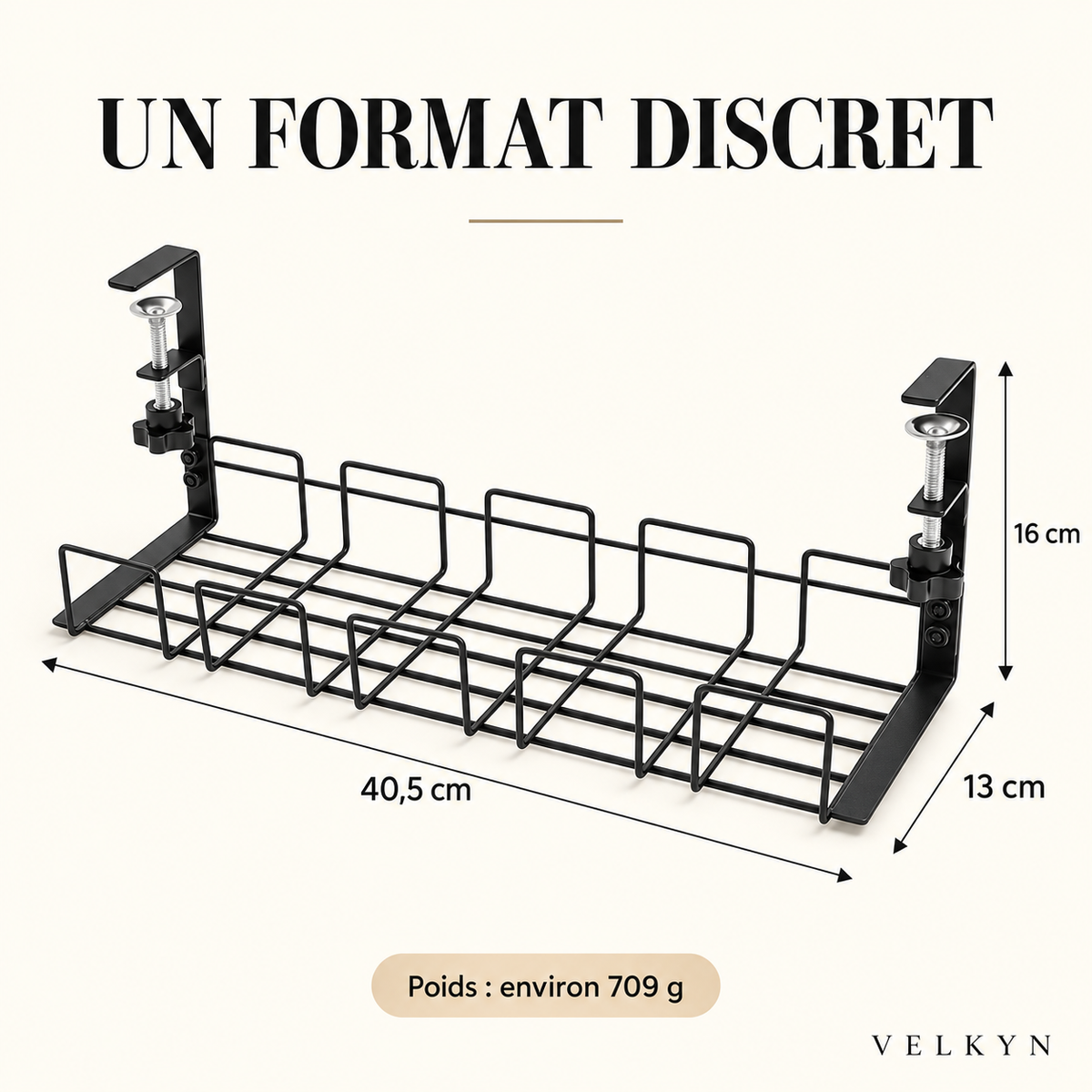 Range-câbles sous bureau Velkyn – dimensions 40,5 × 13 × 16 cm