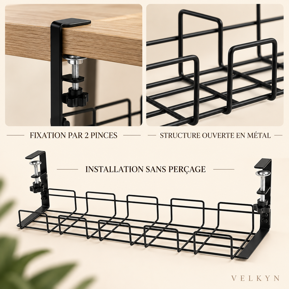 Range-câbles sous bureau Velkyn – fixation par pinces sans perçage