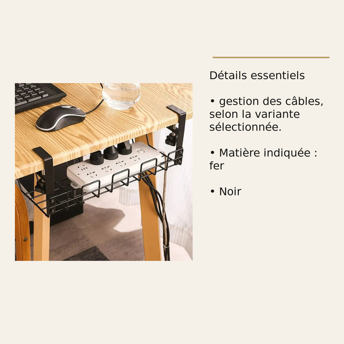Range-câbles sous bureau – Métal noir – dimensions et caractéristiques
