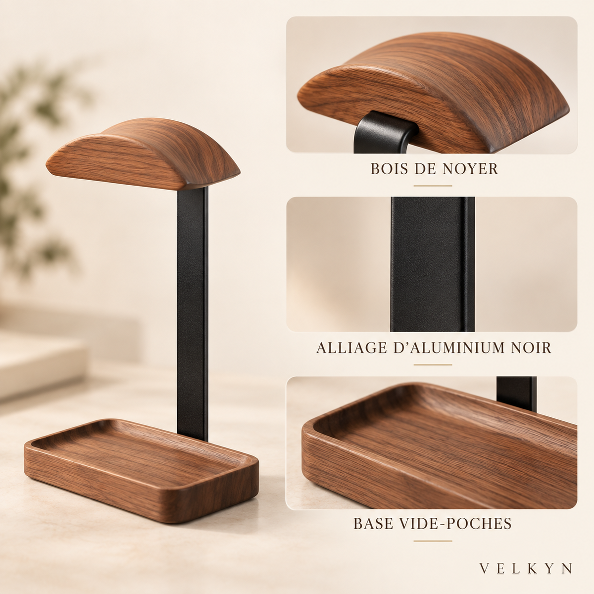 Support casque premium Velkyn – détails du noyer et de l’aluminium noir