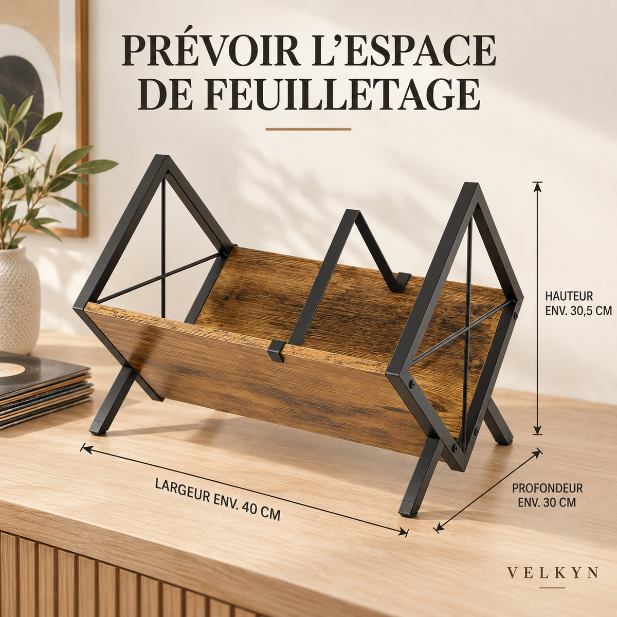 Dimensions du support pour vinyles VELKYN : 40 × 30 × 30,5 cm