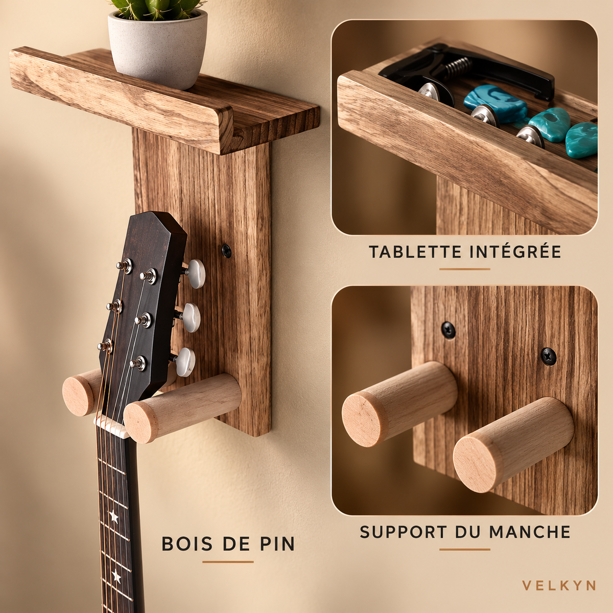 Support mural pour guitare – détails du bois et de la tablette