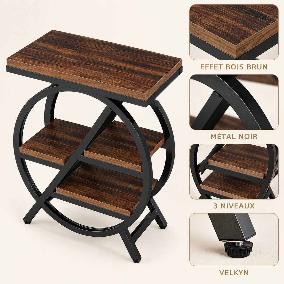 Table d’appoint 3 niveaux – détails du bois et du métal