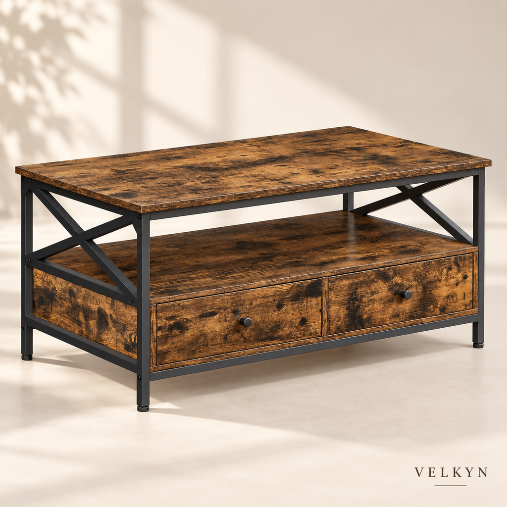 Table basse VELKYN avec 2 tiroirs, vue catalogue