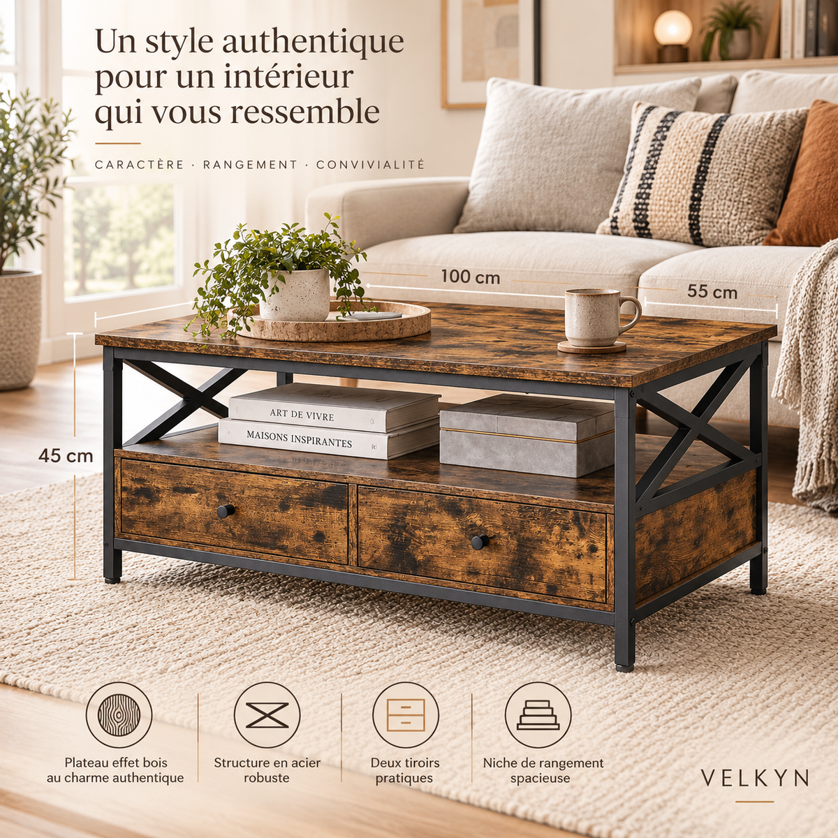 Table basse VELKYN en bois brun dans un salon