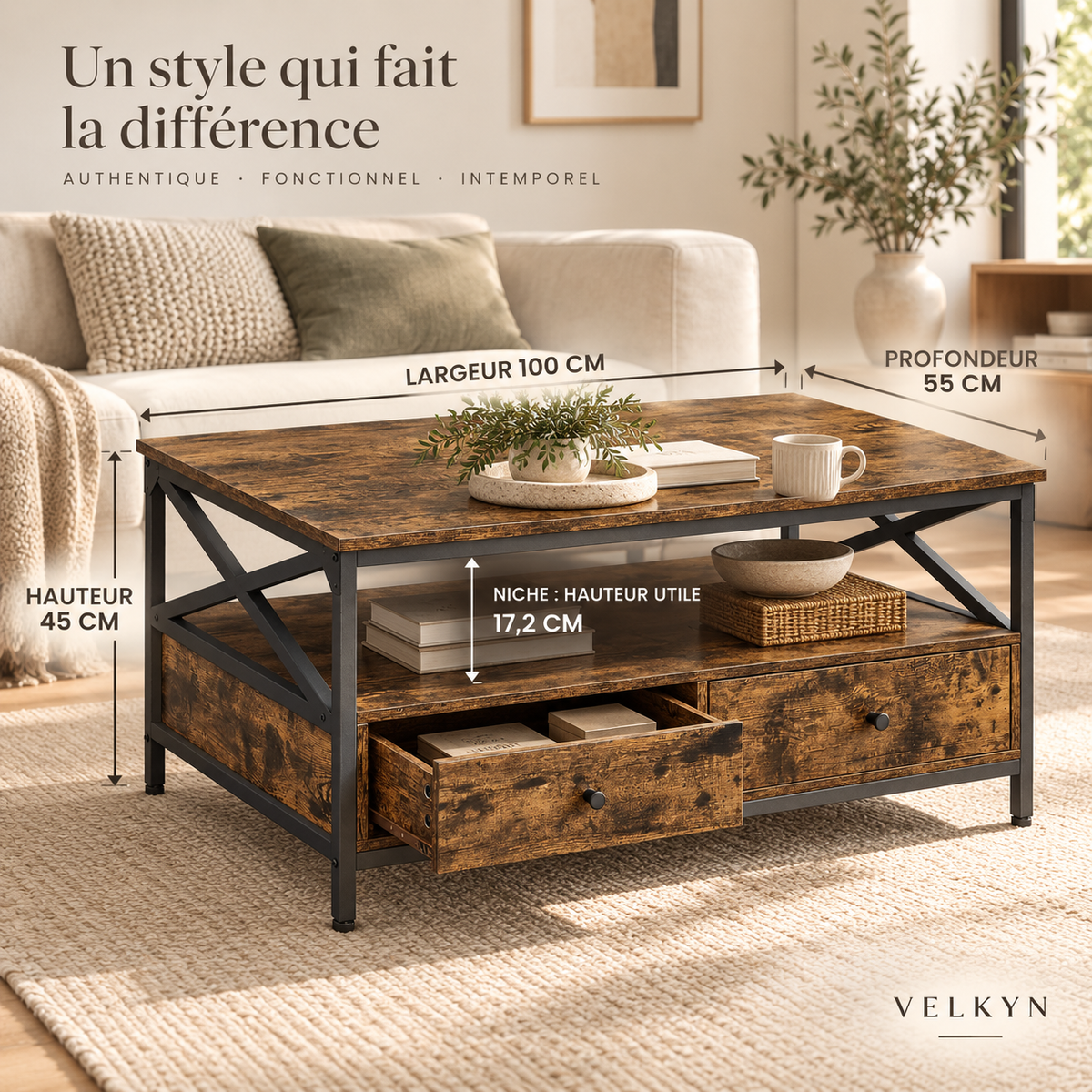 Dimensions de la table basse VELKYN : 100 × 55 × 45 cm