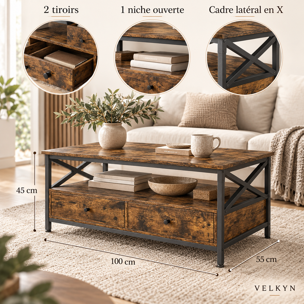 Détails de la table basse VELKYN avec 2 tiroirs