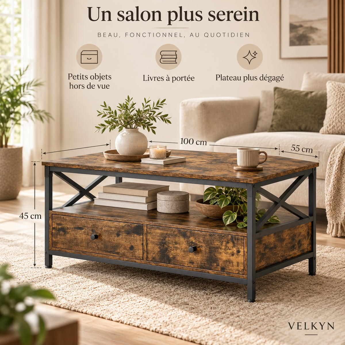 Bénéfices de rangement de la table basse VELKYN