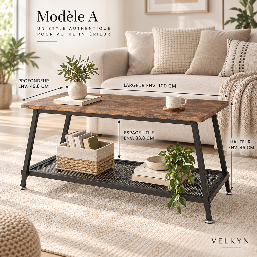 Dimensions de la table basse industrielle VELKYN, modèle A