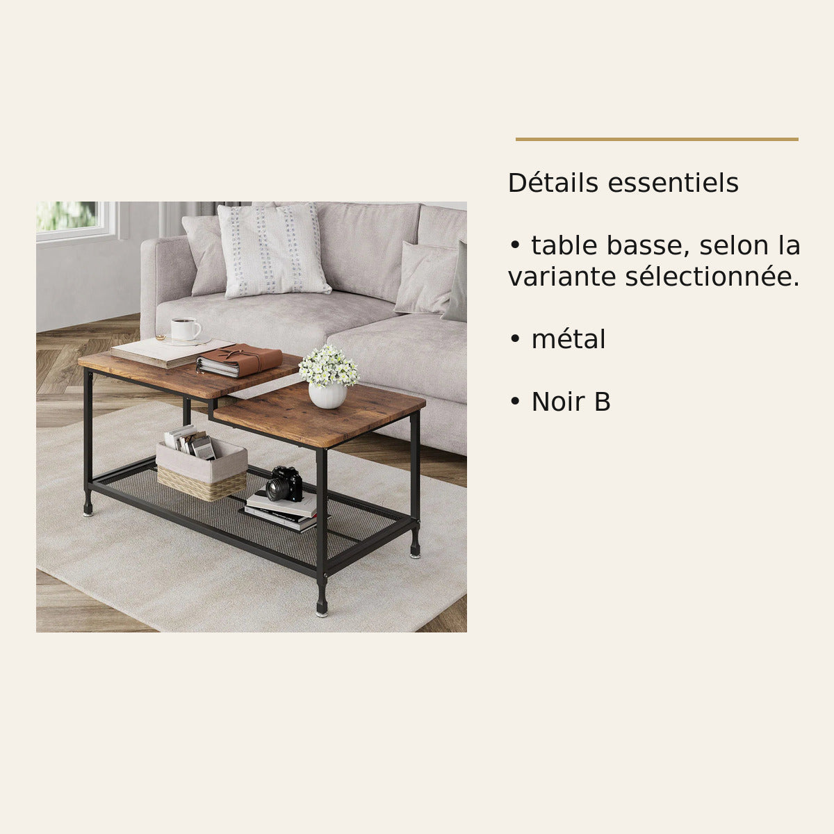 Table basse industrielle – 2 niveaux – dimensions et caractéristiques