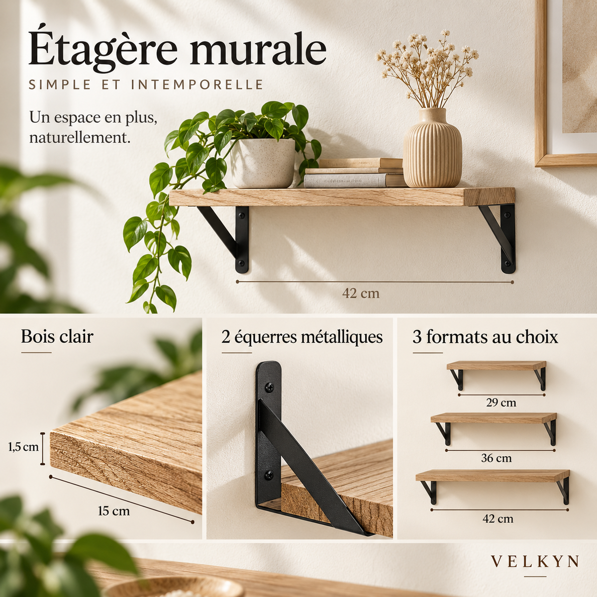 Détails de la tablette murale VELKYN en bois clair