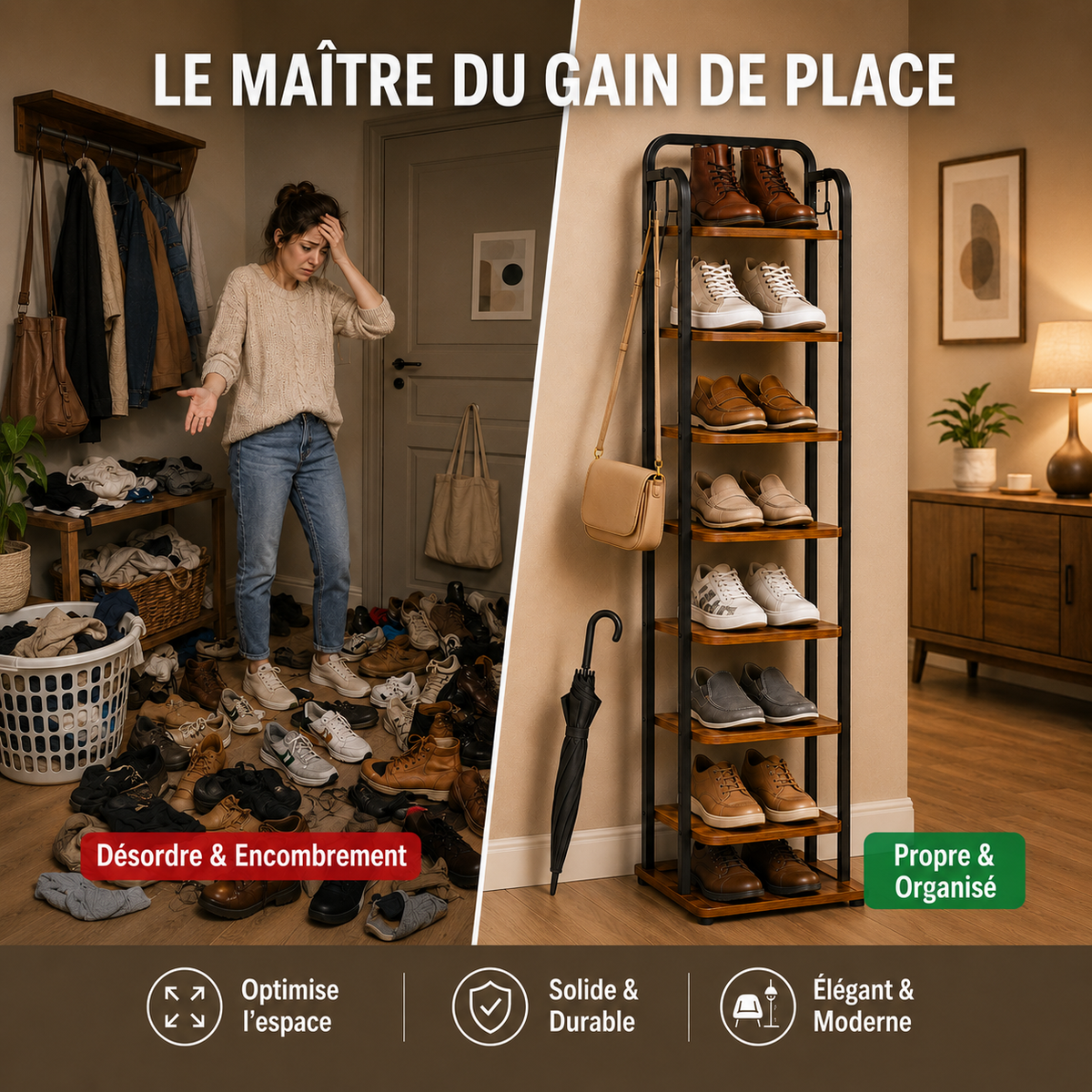 Tour à chaussures – 8 niveaux, bois composite & métal