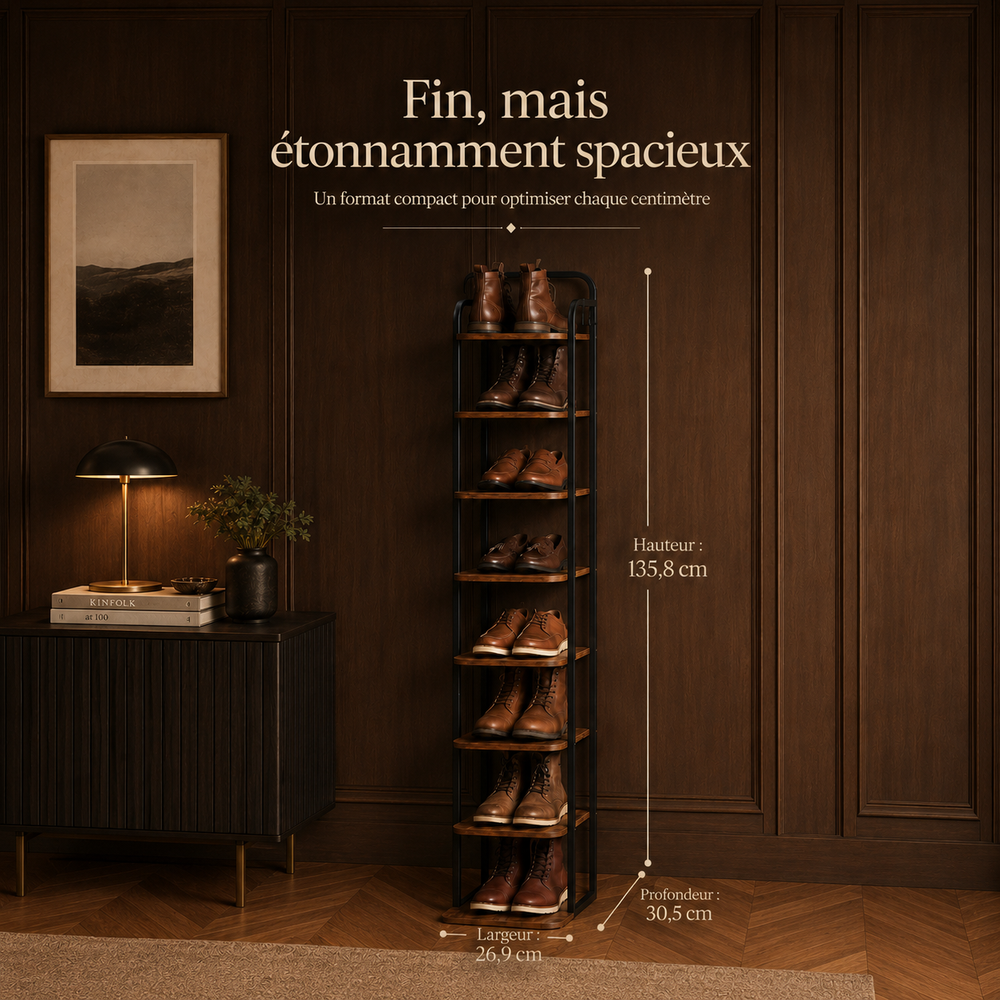 Tour à chaussures – 8 niveaux, bois composite & métal