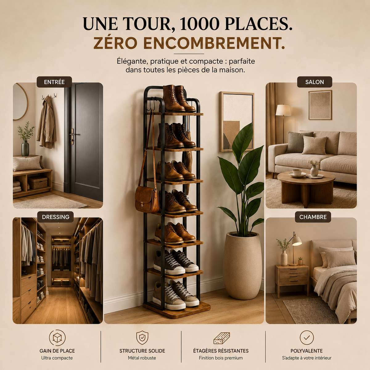Tour à chaussures – 8 niveaux, bois composite & métal