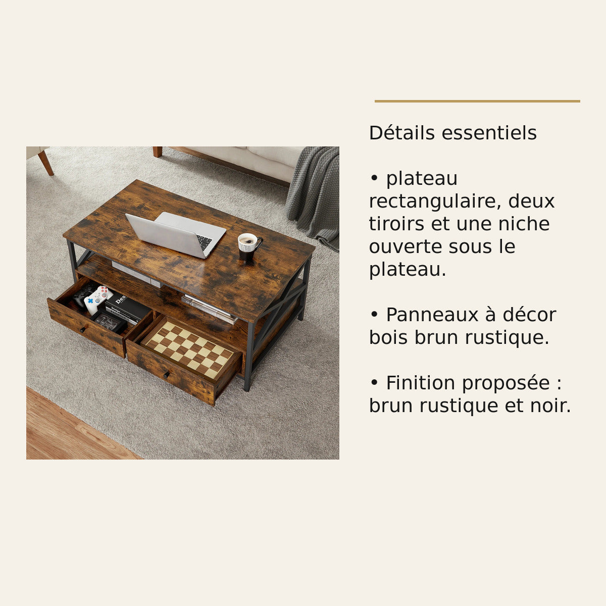 Table basse VASAGLE avec 2 tiroirs – Bois brun et métal noir – dimensions et caractéristiques